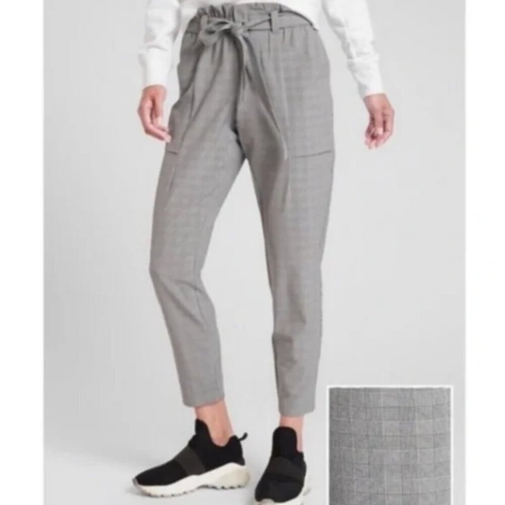 Athleta Plaid Belted Paperbag Skyline Travel Pants Black White Sz 8